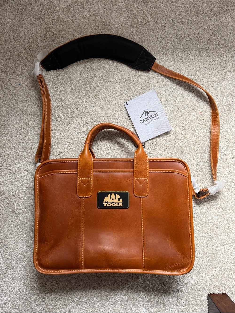Tan Leather Laptop Briefcase with Shoulder Strap